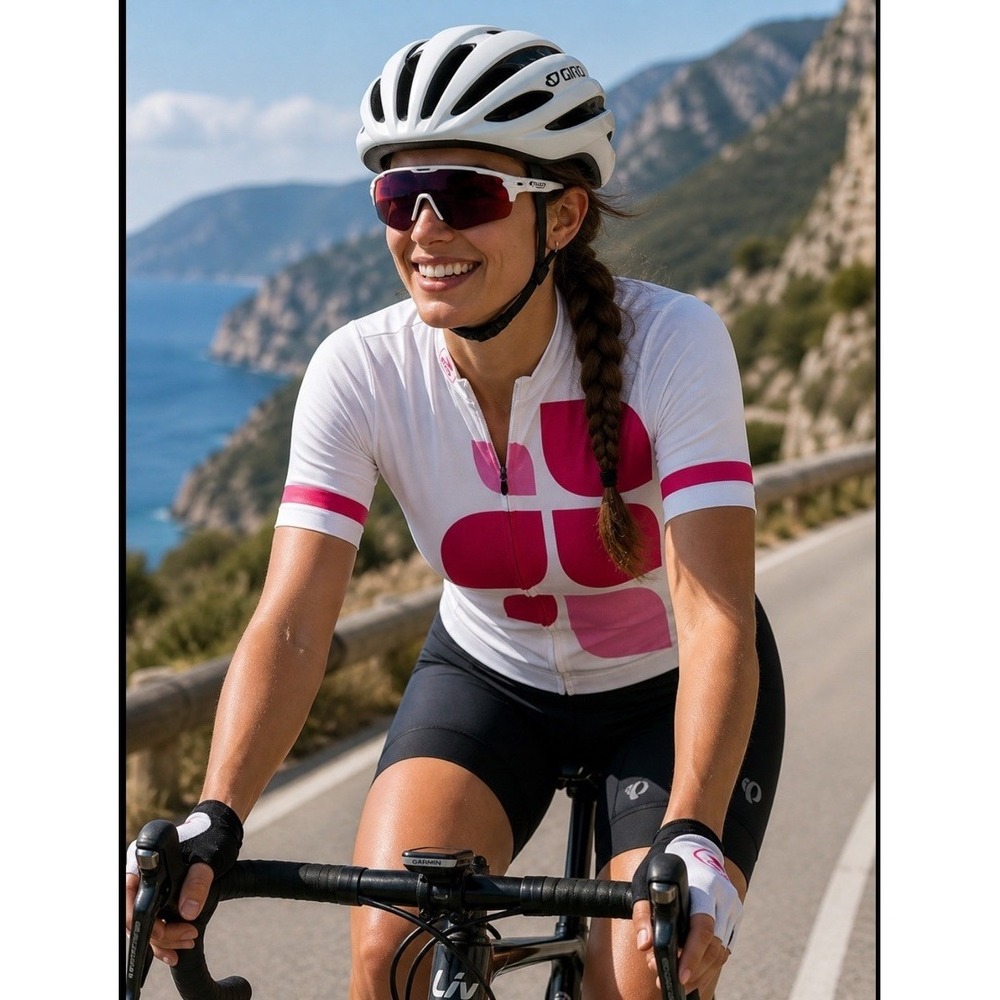 Sugoi Tuscana Cycling Jersey Women Large  Pink White  1/2 Zip Polyester Pockets